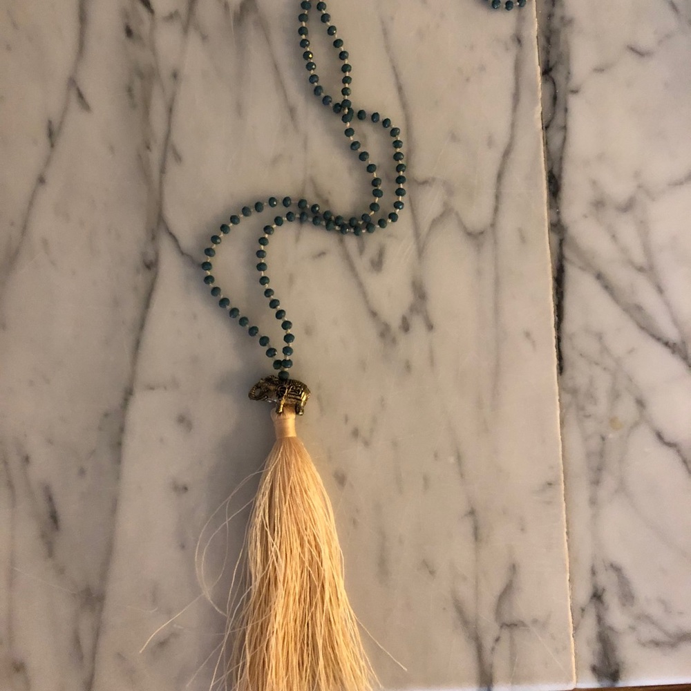 Elephant Tassel 36” Blue Beaded Necklace